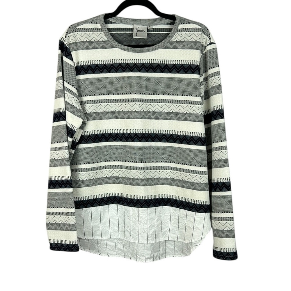 Finley Classic Striped Long Sleeve Crew Neck Twofer Sweater XL Grey White Preppy